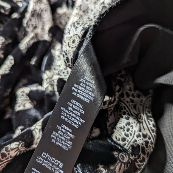Chico’s Silk Velvet Button Front Cardigan Blouse Semi sheer Black Large 2 - Picture 4 of 7